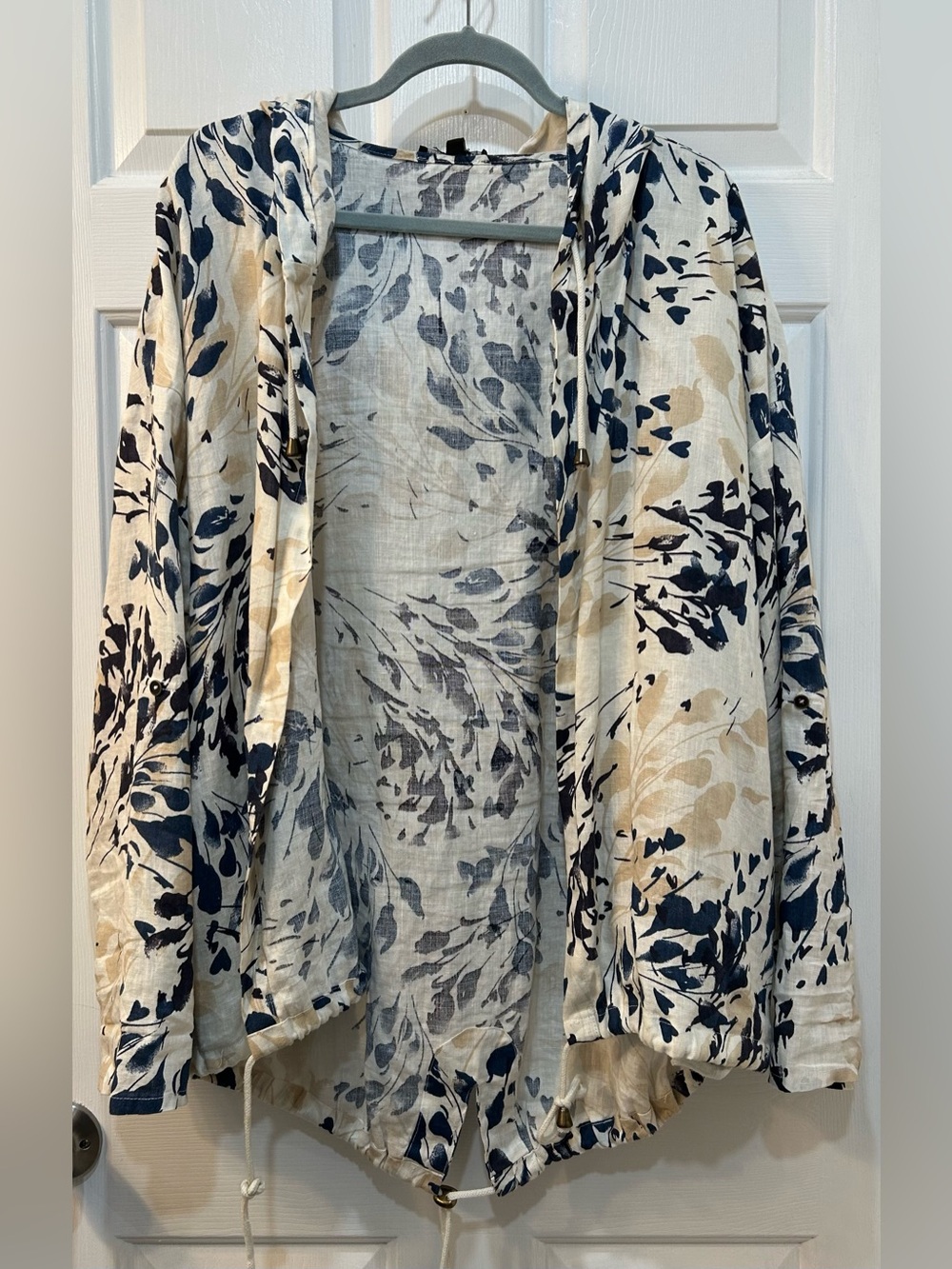 Charlie B 100% Linen Abstract Floral Hooded Cardigan Jacket Womens Sz XL Coastal